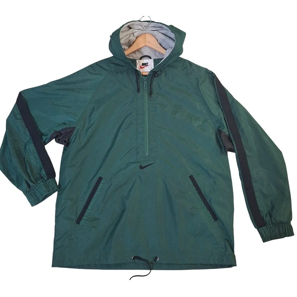 Vintage Nike Anorak Windbreaker Men's Medium Forest Green Black Stripe Half Zip